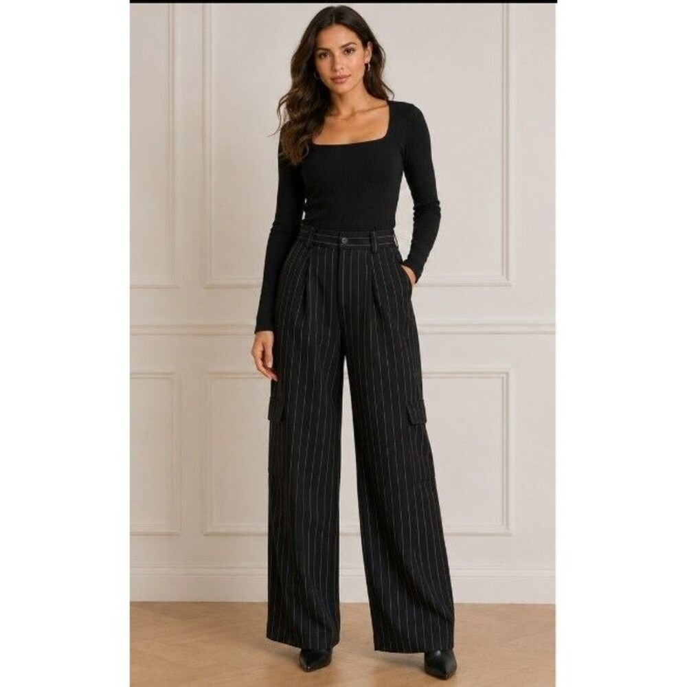Madewell Italian Fabric Pinstripe Cargo Pant Wide Leg Black Sz 00 Wool Blend NWT